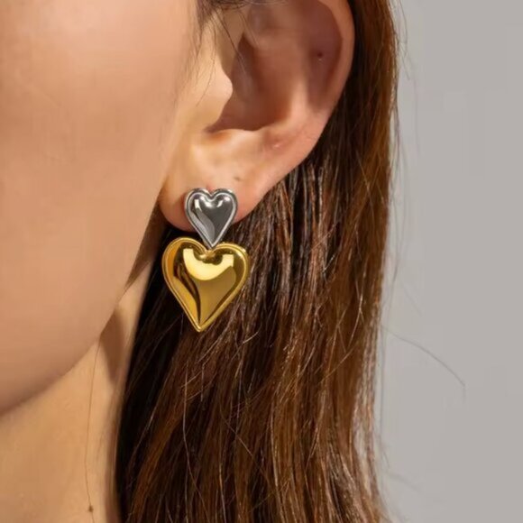 14K Gold Filled Two Tone Heart Earrings - Picture 4 of 4